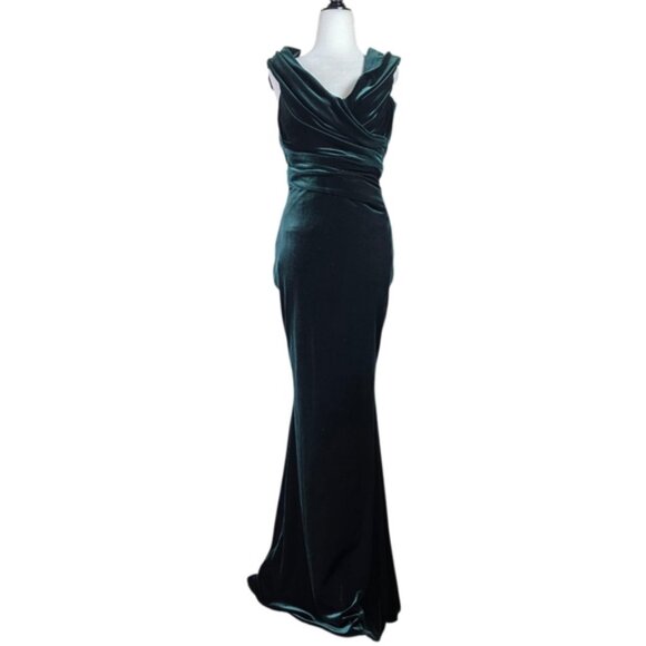Talbot Runhof Bobonne Off-The-Shoulder Ruffled Stretch-Velvet Gown in Dark Green - Picture 2 of 7